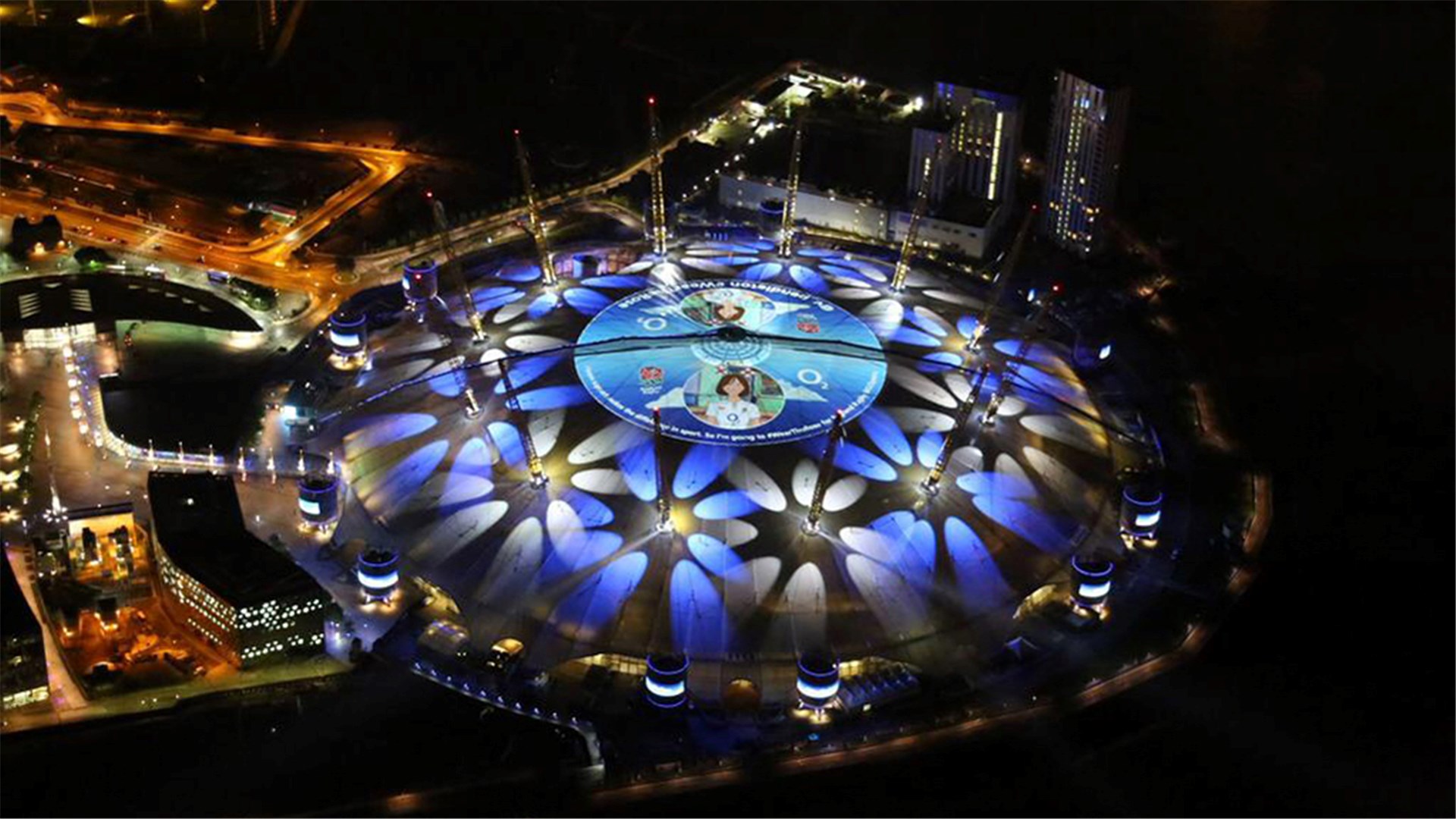 The O2 arena in London lit up at night